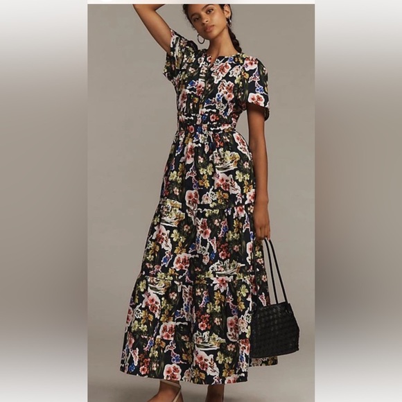 Anthropologie Dresses & Skirts - Anthropologie The Somerset Maxi Dress Tiered Smocked DarkGray Pink Purple Motif